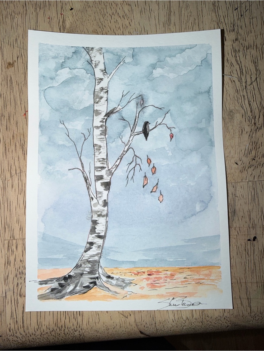 Birch Tree Watercolor Print in Blue and Cream